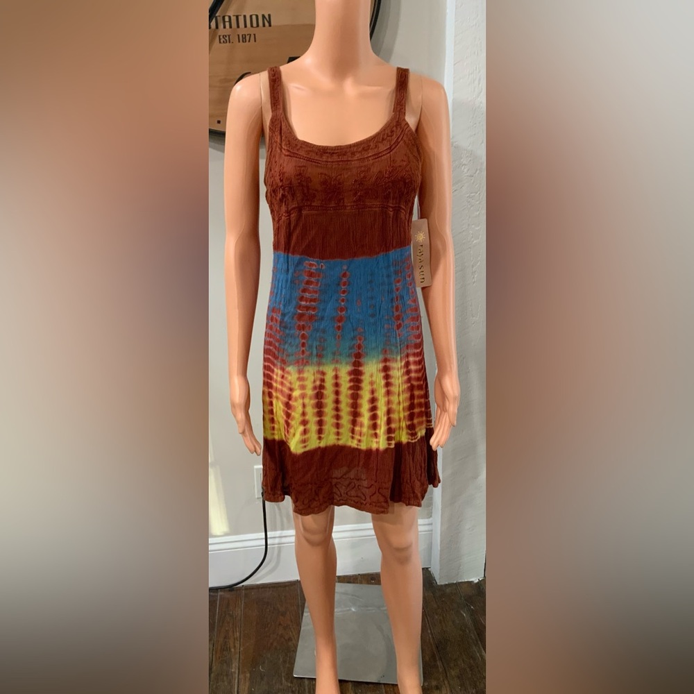 raya sun Brown Blue Yellow Tie-Dye Midi Dress